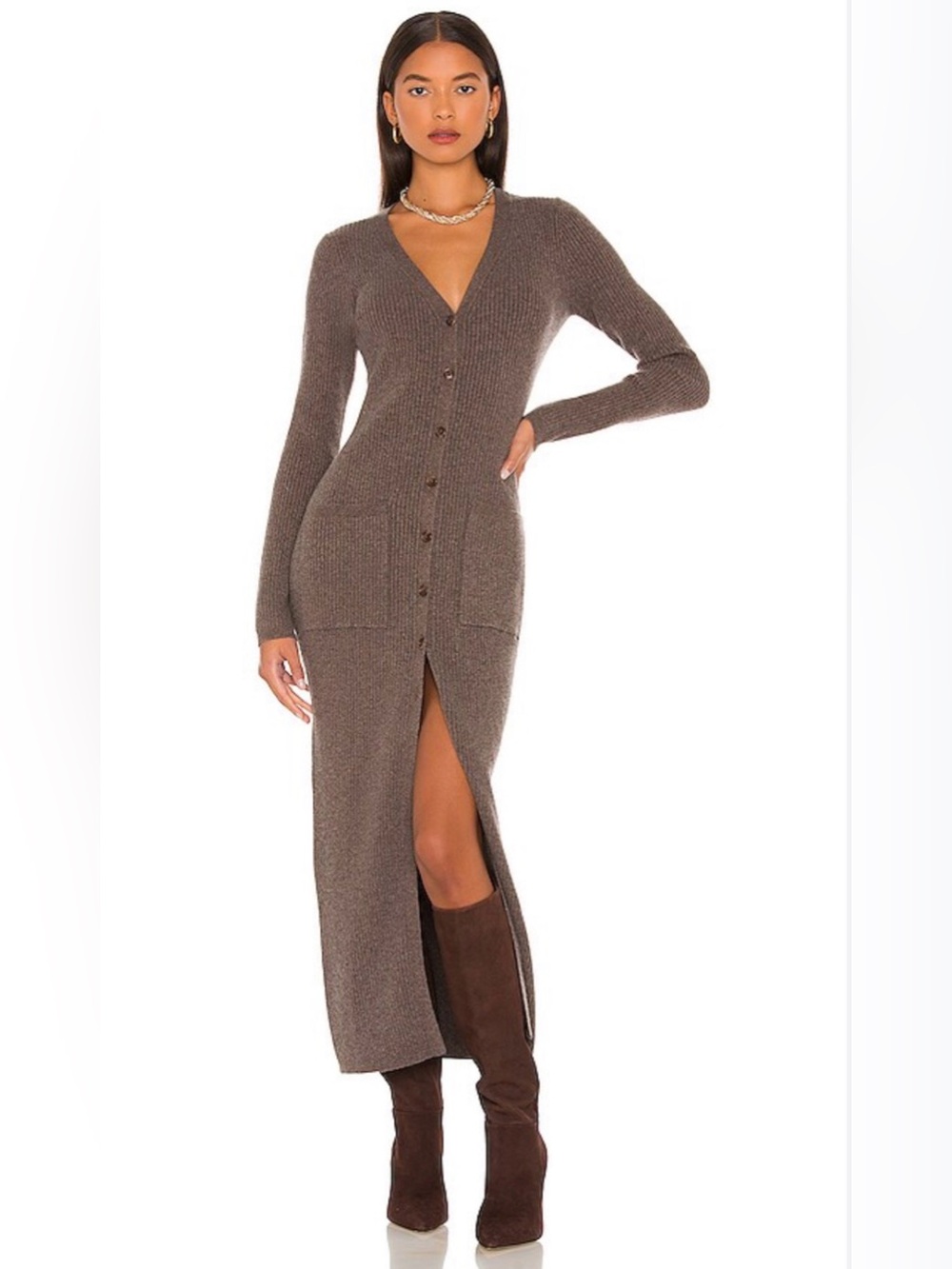 Weekend Stories Ribbed Button-Front Maxi Dress in Taupe